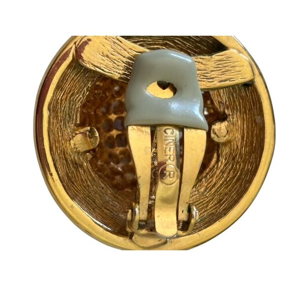 CINER Blue Enamel Gold Plate Dot Weave Dome Clip-On Earrings Vintage Classic - Picture 3 of 8